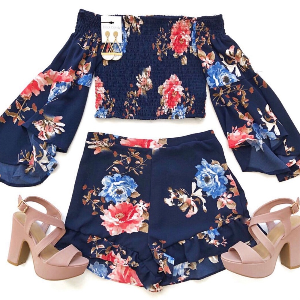 Navy Floral Smocked Top and Shorts Set